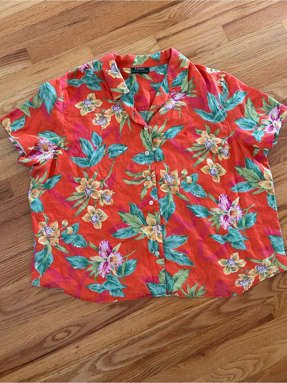 Lauren Ralph Lauren Red Tropical Floral Button-Up Shirt Linen